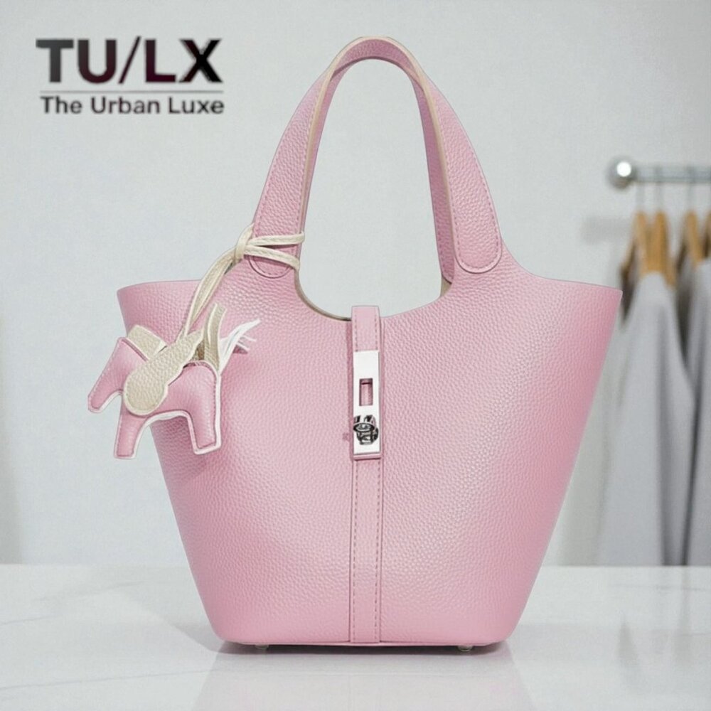 LUXE 4 LESS | Pink Vegan Leather Bucket Tote with Charm, New, Picotin Lock Style